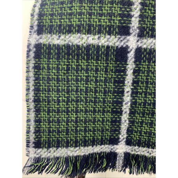 Mr. P Mens Green Navy Plaid Woven Wool Blend Fringed Scarf Classic Italy - Picture 2 of 4
